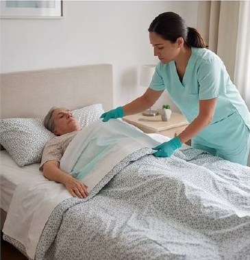 Cuidadora preparando el aseo en cama