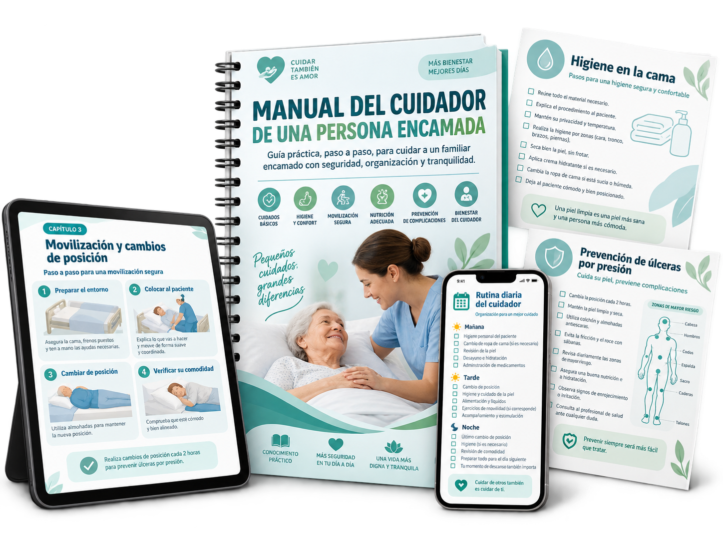 Manual del Cuidador mostrado en formato digital, fichas y dispositivos